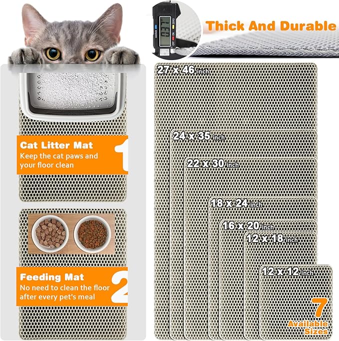 Waterproof Cat Litter Mat, Double Layer EVA, Odor-Free Large Grid, Urine Proof, Easy Cleanup 22 x 30, Khaki