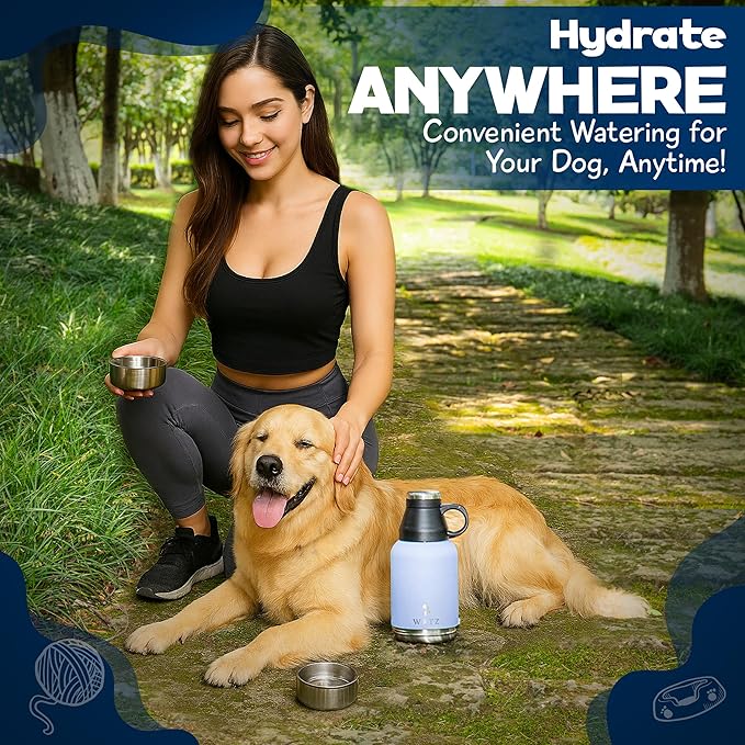 WRTZ Portable Dog Water Bottle with 2 Removable Water Bowls for Dogs – Leak-Proof Insulated Stainless Steel Dog Water Bottle – Travel Accessories for Dogs - 32oz - Lavender
