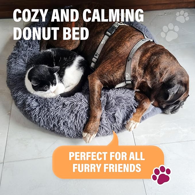 Active Pets Calming Plush Dog Bed Donut Joint Support Anxiety Relief Washable Pet Bed with Removable Cover for Dogs Cats, Large 36", Beige