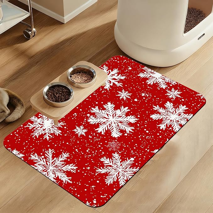 Chirtsmas Snow Flower Pet Food Mat for Cats and Dogs–Absorbent Quick Dry Feeding Placemat, Non Slip Rubber Base, Waterproof Bowl Mat for Indoor Use, Pet Supplies 16"x24"