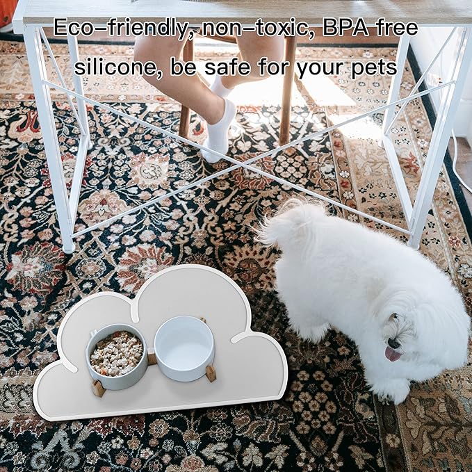 DesignSter Pet Food Mats–Dog Cat Feeding Mat Top Grade Cloud Silicone Pad Anti-Slip Waterproof Anti-Slip Bowl Placemat (White)