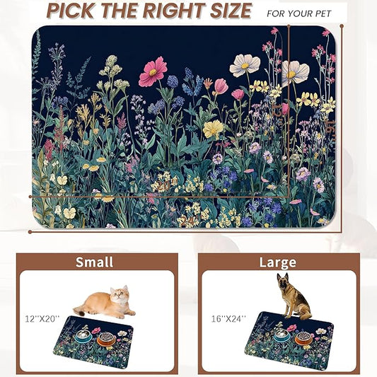 Wildflower Spring Floral Dog Cat Food Mat,Garden Flowers Absorbent Pet Feeding Mat for Food and Water,Non-Slip Dog Bowl Mats Floor Protector 12"x20"