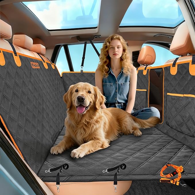 Dog Car Seat Cover for Back Seat,Hard Bottom Back Seat Extender for Dogs,Waterproof 600D Heavy Duty Car Seat Protector Dog Hammock for Car, SUV, Small Truck(Black & Orange)