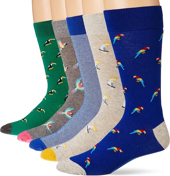 Amazon Essentials Men's Patterned Dress Crew Socks, 5 Pairs
