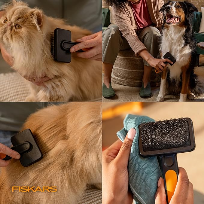 Fiskars Pet Slicker Brush, Cat and Dog Brush for Shedding, Fine Bristles & SoftGrip Handle for Gentle Grooming and Deshedding, Cat and Dog Supplies, 6.5”, Orange/Black