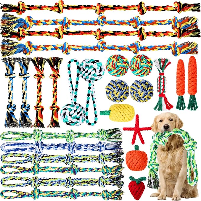 JolliLudo 27 Pack Dog Rope Toys for Aggressive Chewers, Heavy Duty Teething Chew and Tug Toy Set for Medium and Large Dogs, Puppy Toys with Fun Fruit & Cartoon Shapes