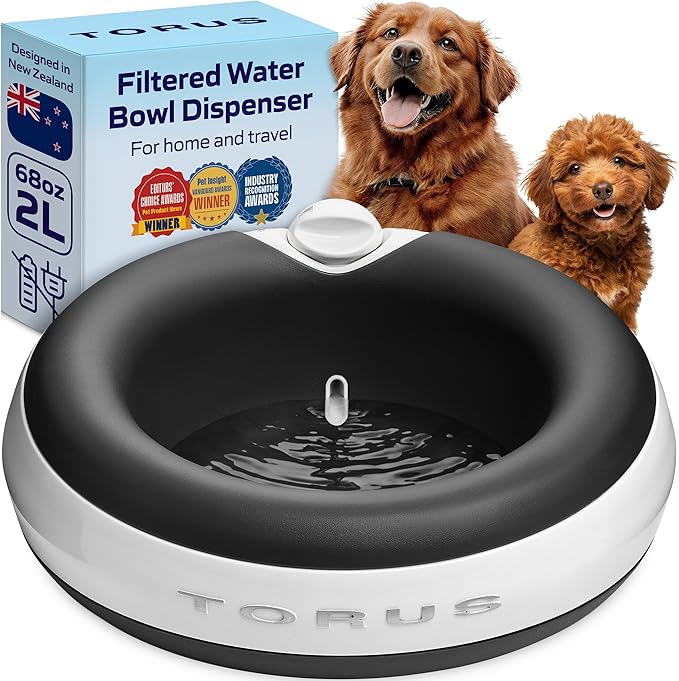TORUS Filtered Portable Dog Water Dispenser [Upgraded 2025], 2L / 68oz, Automatic Pet Water Dispenser Noise-Free No Spill Water Bowl for Dogs, No Power Needed, Ideal for Medium & Large Pets