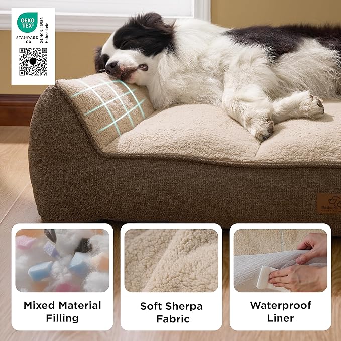 Bedsure Orthopedic Dog Beds Large Sized Dog - Extra Thick Supportive Large Dogs Bed with Waterproof Washable Cover, L Plus Comfort Pet Bed Sofa with Soft Plush Sherpa and Nonskid Bottom, Brown, 38"