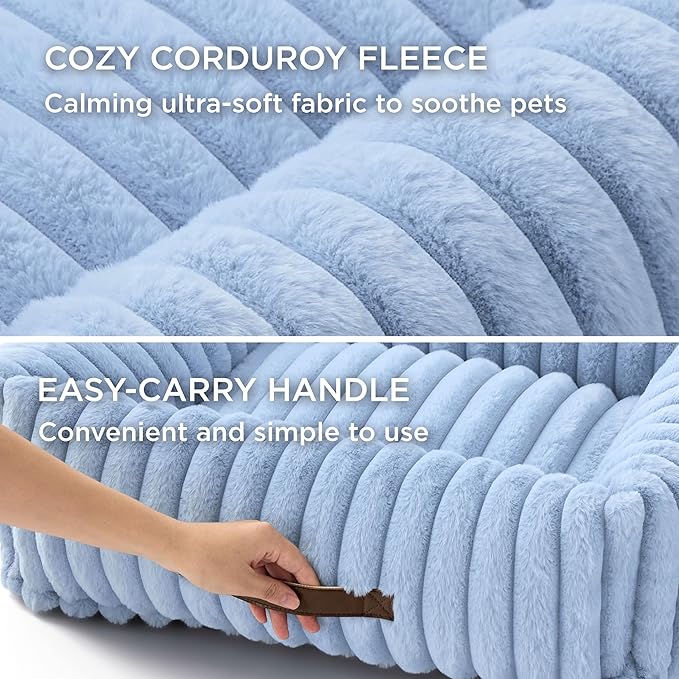 Bedsure Washable Dog Bed for Large Dogs - Cute Furry Puppy Beds, Rectangle Orthopedic Corduroy Fleece Pet Beds with Removable Zipper Cover, 36x27x8inches, Blue