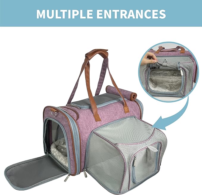 Mr. Peanut's Gold Series Mini Expandable Airline Approved Soft Sided Pet Carrier, Premium Brand Self Locking Zippers, Plush Faux Fleece Bedding with a Sturdy Plywood Base (Purple)