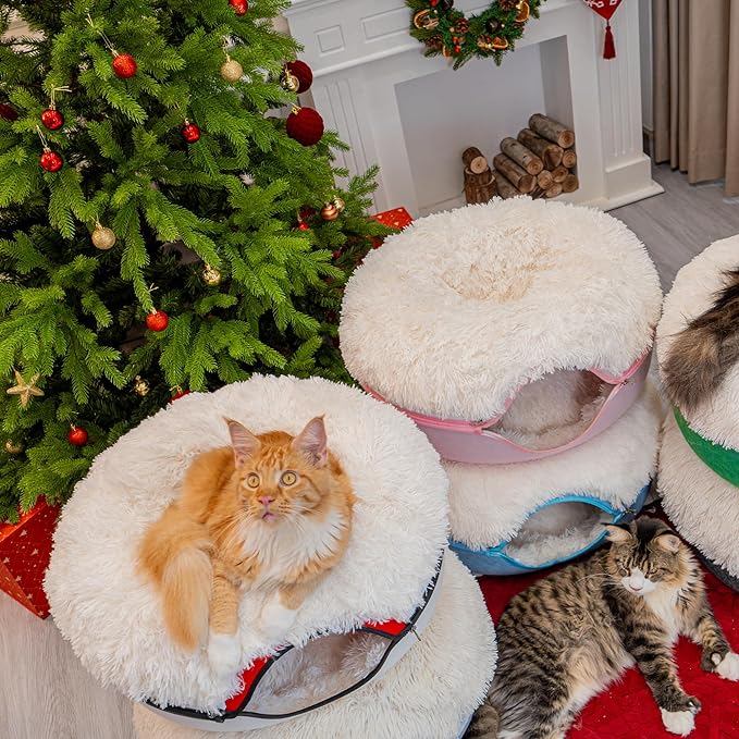 CATTASAURUS Peekaboo Cat Cave for Multiple & Large Cats Up to 30-45 Lbs, Fluffy Cat Beds for Indoor Cats, Scratch Detachable & Washable Tunnel Bed, Comfy Donut Cave (Pink, Large (Calming))