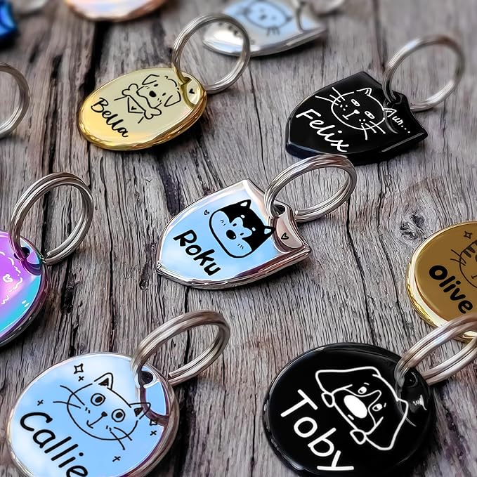 Cats Dogs Original Portrait Design for Cat Dog ID Tags – Stainless Steel Deep Engraving Customized Dog Collar Accessories (Shield)