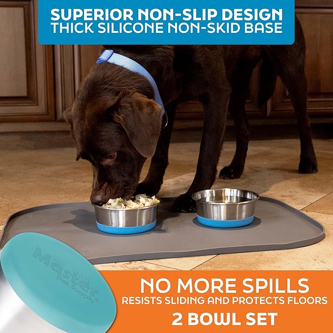 Master Pet Supply Stainless Steel Dog Bowls Set of 2 with Extra Thick Silicone Base - 4 Cup (32 oz) Aqua Sky, Non-Slip, Dishwasher Safe Metal Bowls, Pet Dog Food Bowl for Dogs, Cats, Anti Rust