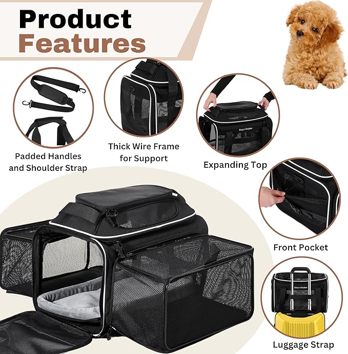 Airline Approved Top-Expanding Pet Carrier on Wheels- Extra Spacious Soft Lined Carrier! 18x11x11 (Black, Expanding Sides)