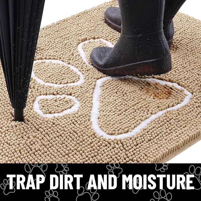 Smiry Dog Door Mat for Muddy Paws, Absorbent Dirt Trapper Non Slip Quick Dry Washable Chenille Mat for Mud Dogs, Entry Rug for Indoor and Outdoor (30x20 Inches, Beige and White)