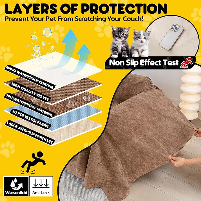 Cat Scratch Furniture Protector - Anti-Slip, Waterproof Sofa Cover to Keep Cats Off, Pet-Friendly Couch Protectors for 3 Cushion Couch, Brown Anti-Scratch Couch Cover for Pets and Kids 118"X71"