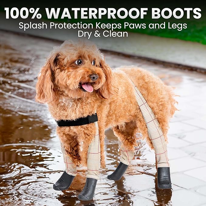 100% Waterproof Dog Boots Connected to Leggings so They Stay on. Easy-On Paw Protectors with Chest Strap for Rain & Snow, Anti-Slip Traction, Adjustable Fit, Machine Washable (Large, Beige Plaid)