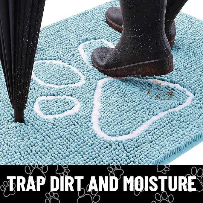 Smiry Dog Door Mat for Muddy Paws, Absorbent Dirt Trapper Non Slip Quick Dry Washable Chenille Mat for Mud Dogs, Entry Rug for Indoor and Outdoor (30x20 Inches, Sky Blue and White)