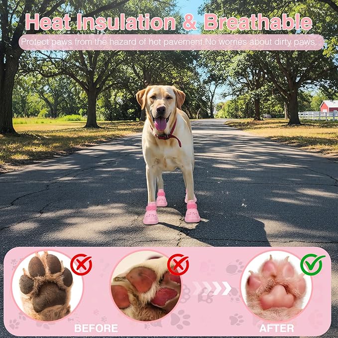 Dog Shoes for Hot Pavement and Snow – Waterproof, Non-Slip, Breathable Booties with Adjustable Straps for Hot Summer Roads & Winter Snow (Pink, S)