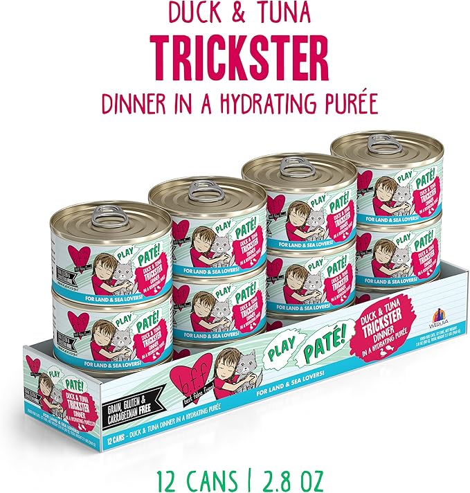 Weruva B.F.F. Play - Best Feline Friend Paté Lovers, Aw Yeah!, Duck & Tuna Trickster with Duck & Tuna, 2.8oz Can (Pack of 12)