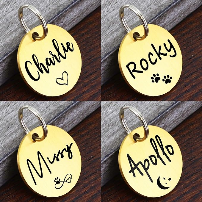 Ultra Joys Dog ID Tag, Custom Dog Tag Personalized Cat Tag, Pet ID Tag, Brushed Stainless Steel Round Dog Tag Gold Medium