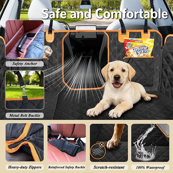 Dog Car Seat Cover for Back Seat,Hard Bottom Back Seat Extender for Dogs,Waterproof 600D Heavy Duty Car Seat Protector Dog Hammock for Car, SUV, Small Truck(Black & Orange)