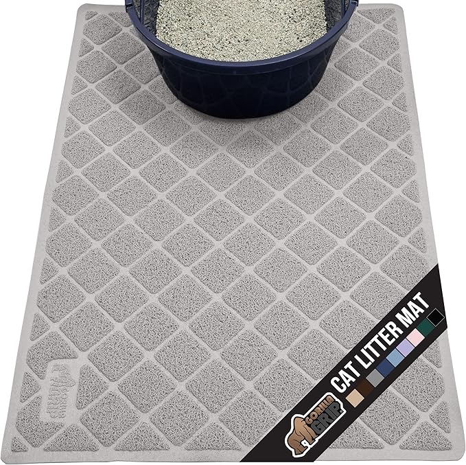 GORILLA GRIP Cat Litter Box Mat, 47x35, Water Resistant, US Designed Kitty Litter Trapping Mats, Easy to Clean, Scatter Control, Less Mess and Clean Floors, Kitten Supplies for Indoor Cats, Light Gray