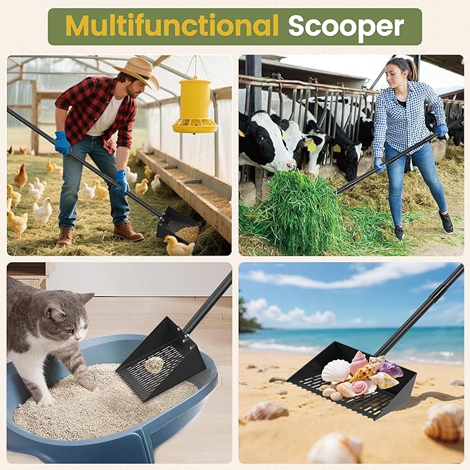 Alloy Steel Chicken Poop Scooper for Sand - 10” Large Chicken Coop Scoop - Simplified Cleaning 40-67” Poop Scoop with Adjustable Handle