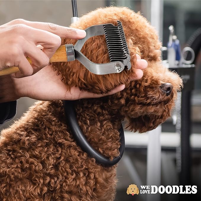 Pet Dematting Comb for Dogs and Cats with Wood Handle, Deshedding Undercoat Rake for Dogs with Stainless Steel Blades, Dog Comb for Detangling Thinning and Shedding, All Hair Types [We Love Doodles]