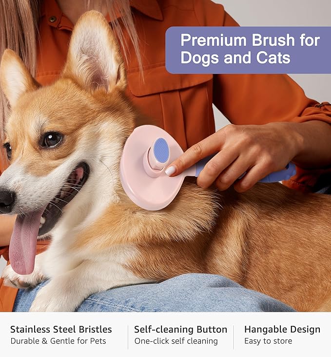 Pet Self-Cleaning Slicker Brush for Dogs & Cats, Deshedding Grooming Comb, Removes Loose Undercoat Hair & Mats, Skin-Friendly Massaging Tool for Long/Short Fur, Large & Small Breeds (Purple)