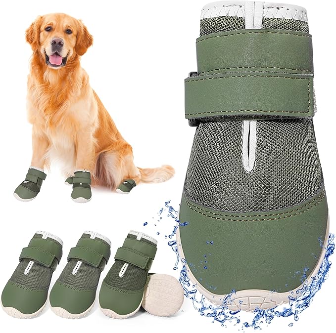 DcOaGt Dog Shoes Mesh Breathable Dog Booties for Hot Pavement Summer with Anti-Slip Sole,Dog Boots Paw Protectors for Small Medium Puppy for Winter Snow Rain Hiking,Military Green 4PCS(Size 4)