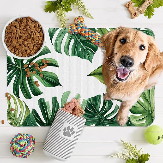 Palm Leaf Pet Feeding Mat,Boho Absorbent Quick-Dry Cat Dog Food and Water Bowl Mats,Non-Slip Rubber Backing Mat,Cat Dog Accessories Supplies 16"x24"