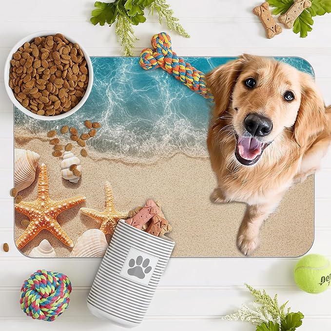Beach Starfish Dog Food Mat for Floors,Cute Seashell Absorbent Pet Food and Water Bowl Mats,Non-Slip Pet Feeding Mat,Pet Supplies 16" x 24"