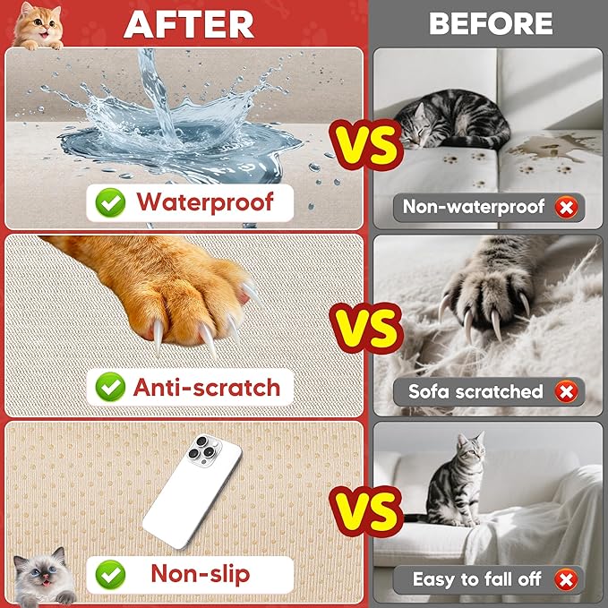Living Room High Stretch Sofa Cover Pets Dogs Friendly, Cat Scratch Furniture Protector - Anti-Slip, Waterproof Sofa Cover to Keep Cats Off, Anti-Scratch Couch Cover for Pets and Kids 150"X91"Khaki