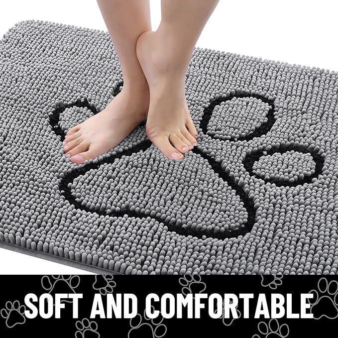 Smiry Dog Door Mat for Muddy Paws, Absorbent Dirt Trapper Non Slip Quick Dry Washable Chenille Mat for Mud Dogs, Entry Rug for Indoor and Outdoor (24x16 Inches, Grey and Black)