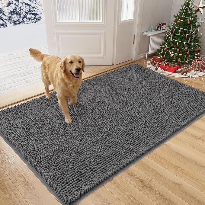 Amyracel Dirt Trapping Door Mat, 24" x 72" Large Absorbent Dog Door Mat for Muddy Paws, Quick Dry Non Slip Chenille Mud Mat for Dogs, Machine Washable Entry Indoor Entryway Rug for Inside Floor