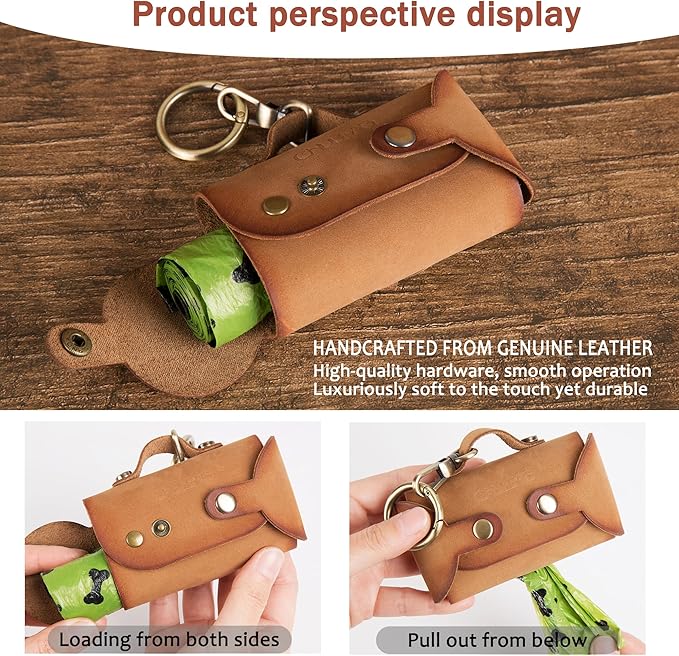 Handmade Leather Dog Poop Bag Dispenser - Stylish and Durable with Belt Attachment for Dog Walkers, Featuring a Brass Metal Clip in Hand-dyed Brown