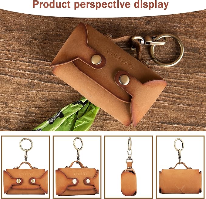 Handmade Leather Dog Poop Bag Dispenser - Stylish and Durable with Belt Attachment for Dog Walkers, Featuring a Brass Metal Clip in Hand-dyed Brown