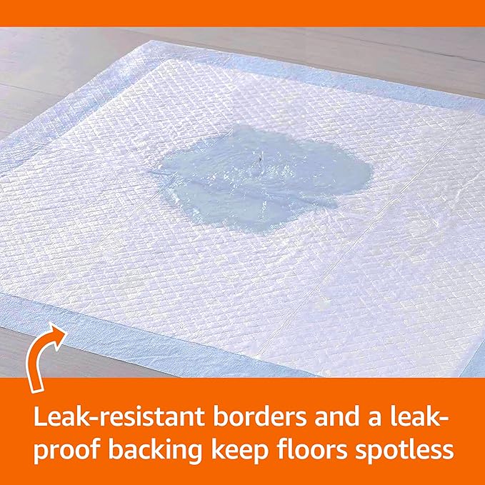 Amazon Basics Absorbent Dog and Puppy Pee Pads with 5-Layer Leak-Proof Design and Quick-Dry Surface for Potty Training, Heavy Duty Absorbency, Giant, 27.5 x 44 Inch - Pack of 30, Blue & White