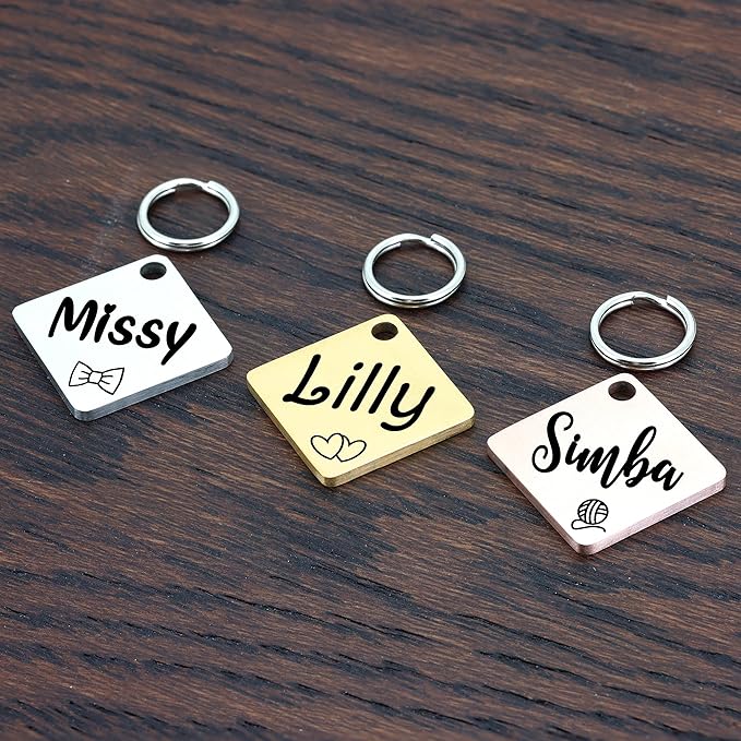 Ultra Joys Cat ID Tag Personalized Pet Tags, Durable Stainless Steel Small Pet Mini Dog Cat Tag Lightweight -Diamond Tag in Gold