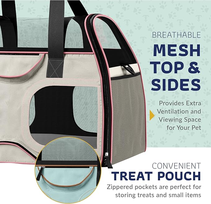 Rolling Pet Carrier with Removable 6 Wheels & Double Telescopic Handle Soft Sided for Airline Approved Dog & Cat Carrier Bag (White/Pink)