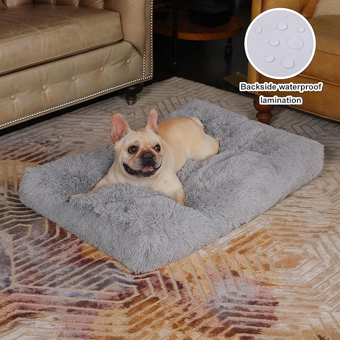Bedfolks Waterproof Dog Crate Pad, Plush Dog Kennel Bed - Faux Fur, Washable - 35"x23", Solid Light Grey