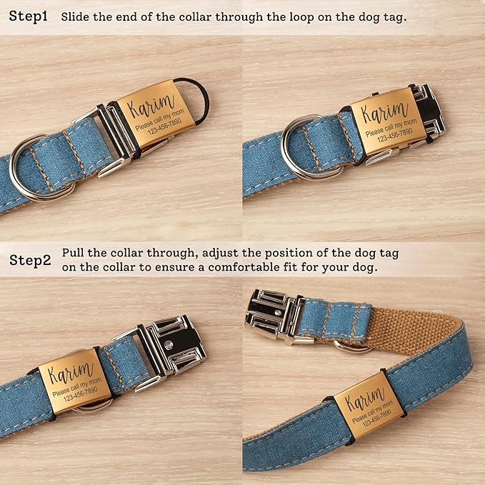Anavia Slide On Silent Pet ID Tags, S/M/L/XL Personalized Stainless Steel Cat Dog Tag with Elastic Fabric Band, Engraved Nameplate Quiet Chew-Proof Pet Collar Tag (Gold, S/M)