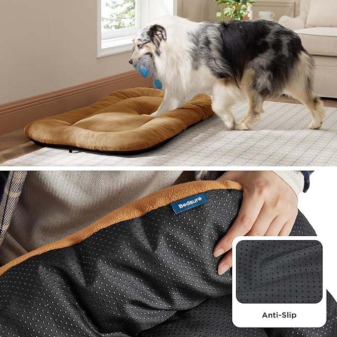 Bedsure Washable Dog Crate Pad for Small Dogs, Anti-Slip Puppy Kennel Dog Bed for Crate - Ultra Soft Fleece Flat Thin Pet Mat (Not Chew Proof), Brown 23"x17"