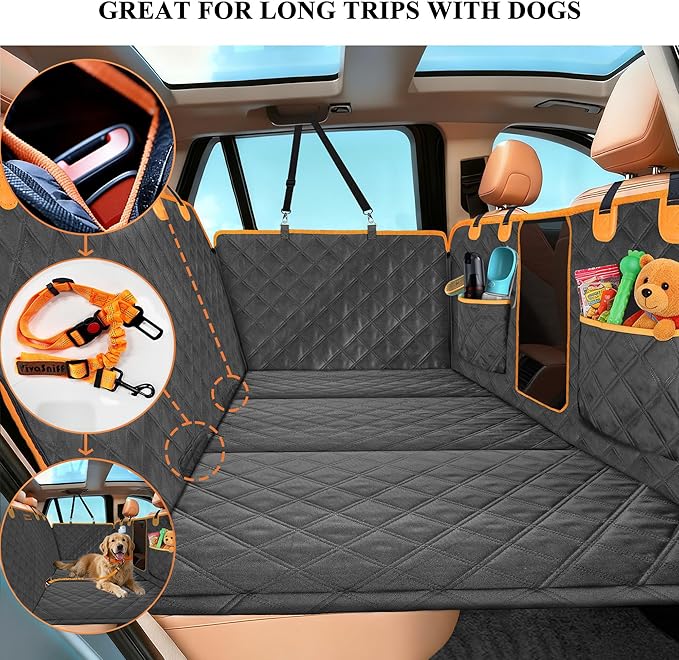 Dog Car Seat Cover for Back Seat,Hard Bottom Back Seat Extender for Dogs,Waterproof 600D Heavy Duty Car Seat Protector Dog Hammock for Car, SUV, Small Truck(Black & Orange)