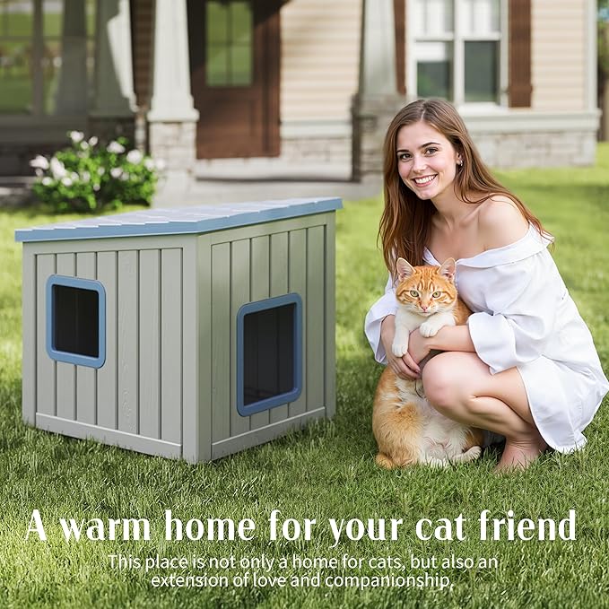 Cat House Outdoor Waterproof,Resin Cat Shelter Feral,Easy to Clean Durable Slanted Top,Cat Bed for Cats and Easy to Assemble (Blue, 24.65 * 21.5 * 22.21in)