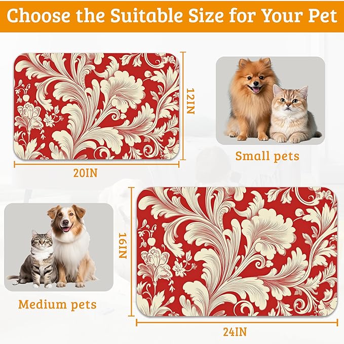 Red White Flower Feeding Mat,Paisley Absorbent Quick-Dry Cat Dog Food and Water Bowl Mats,Non-Slip Rubber Backing Mat,Cat Dog Accessories Supplies 16" x 24"