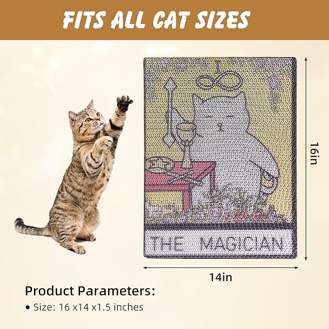 Tarot Cat Scratch Pad – Cardboard Cat Scratcher for Indoor Cats, Wall-Mount or Floor Use Cat Mat, Durable Scratching Post Alternative, Protects Furniture, Water-Based Ink 16×12×1.5 inch (the magician)