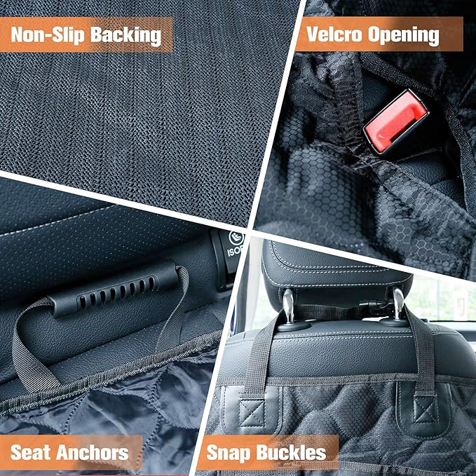 MOUNTORY Waterproof Dog Car Seat Cover, Black Quilted Hammock with Mesh Window for Back Seat, Scratchproof Pet Protection for Cars, Trucks, SUVs, Jeeps