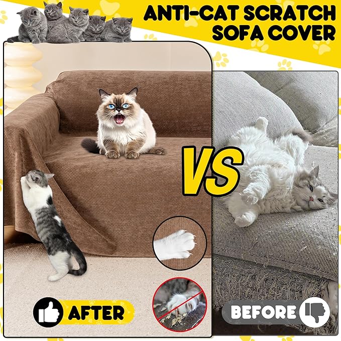 Cat Scratch Furniture Protector - Anti-Slip, Waterproof Sofa Cover to Keep Cats Off, Pet-Friendly Couch Protectors for 3 Cushion Couch, Brown Anti-Scratch Couch Cover for Pets and Kids 118"X71"